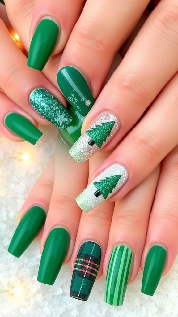 A variety of green Christmas nail designs including solid, glittery, and patterned styles on a festive background.